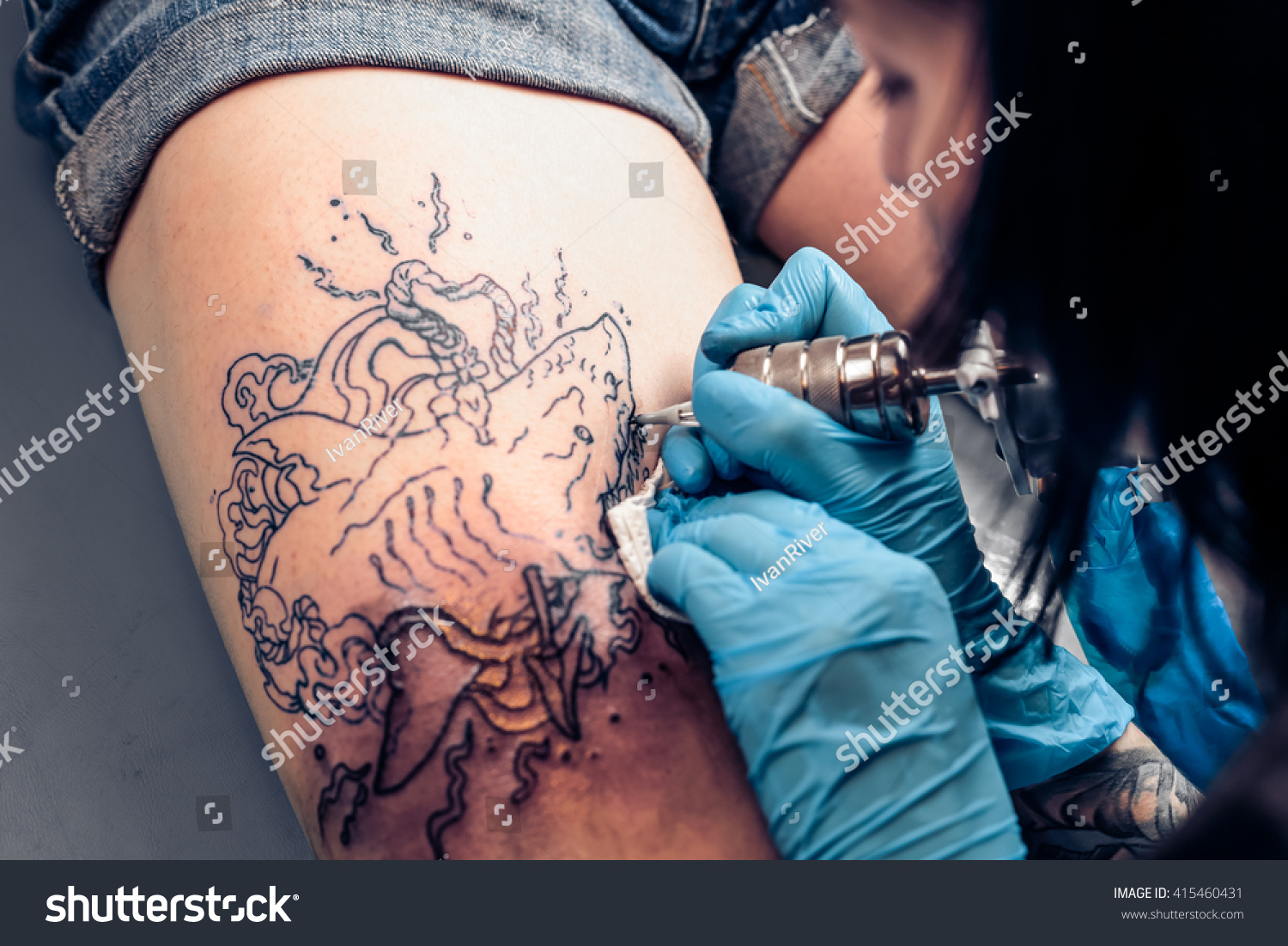 top view process tattooing professional salon stock photo top view process tattooing professional salon stock photo