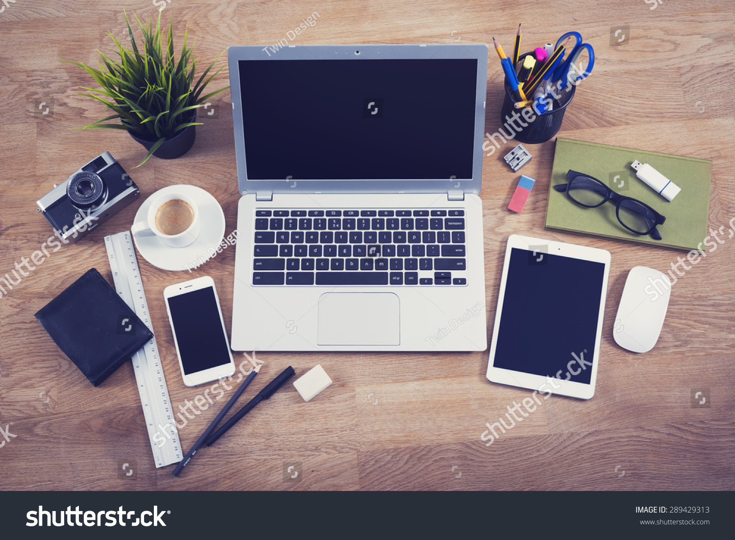 stock photo top view office desk hero header image 289429313