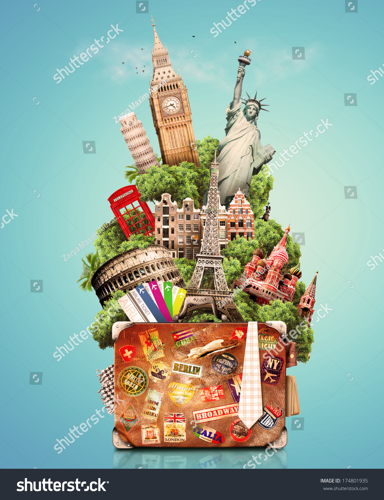 Tourist Collage Travel Attractions World Old Stock ...