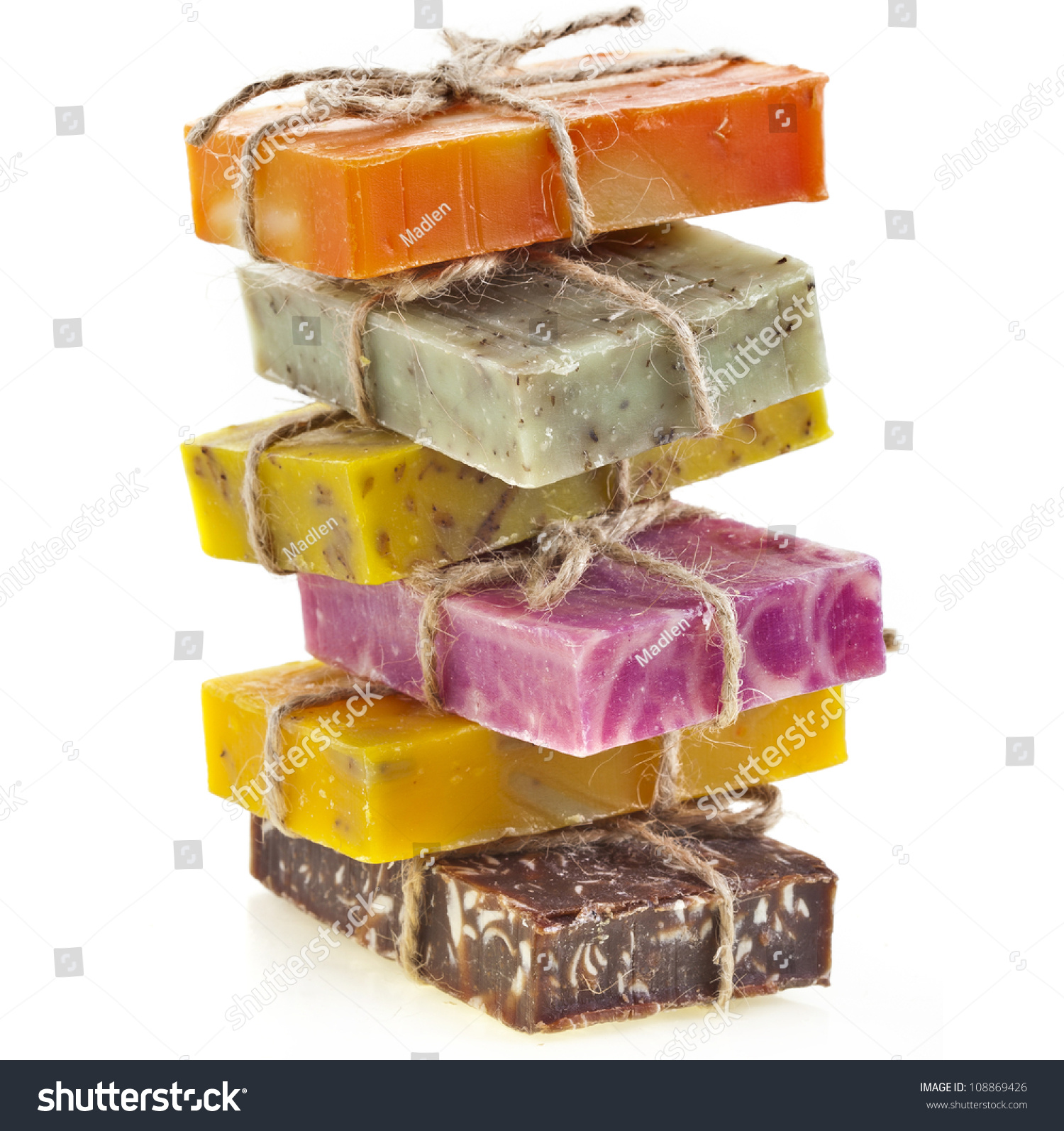Tower Stack Of Different Handmade Soaps Isolated On White Stock Photo ...