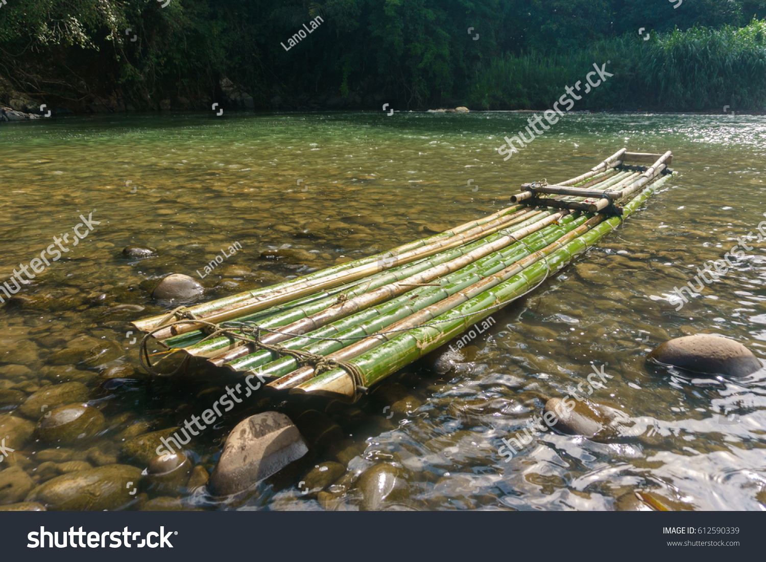 Traditional Bamboo Raft Rocky Riverbank Sabah Stock Photo 612590339 ...