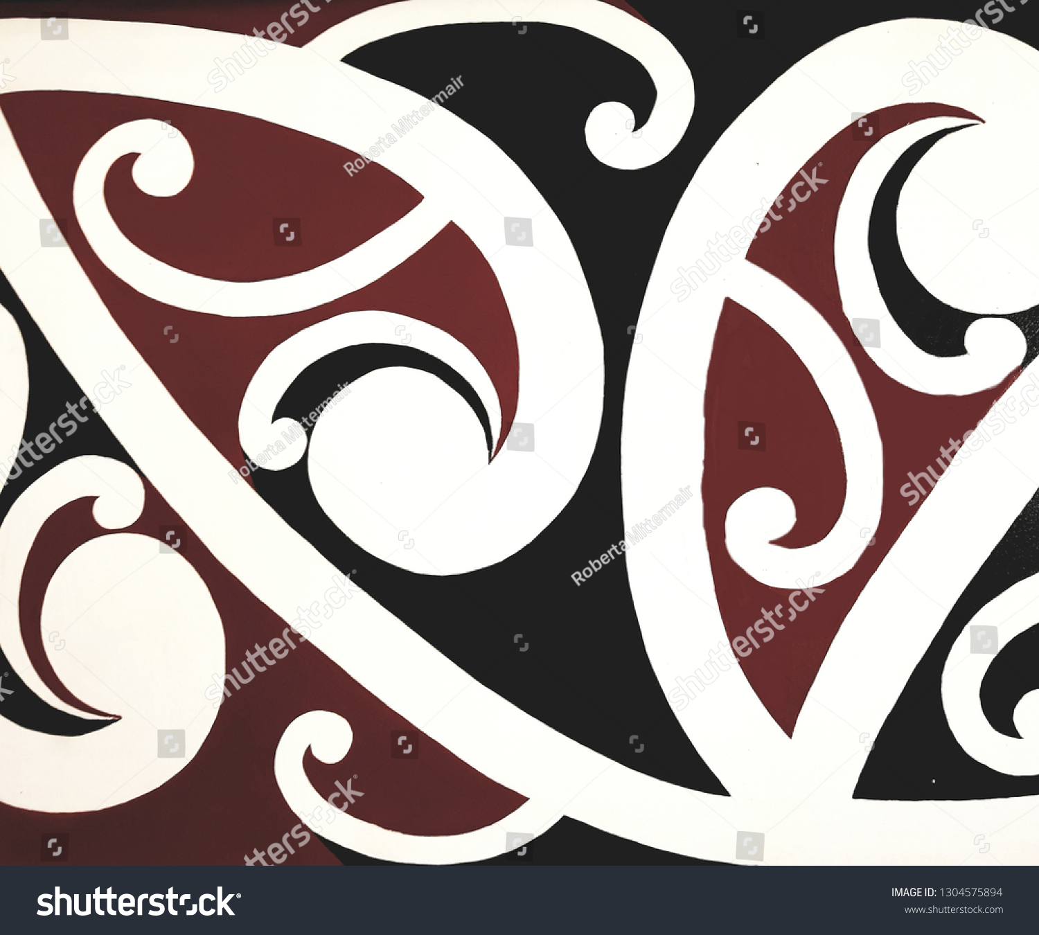 Traditional Maori Design Pattern Black Dark 1304575894   Stock Photo Traditional Maori Design Pattern Black And Dark Red With White Spirals 1304575894 