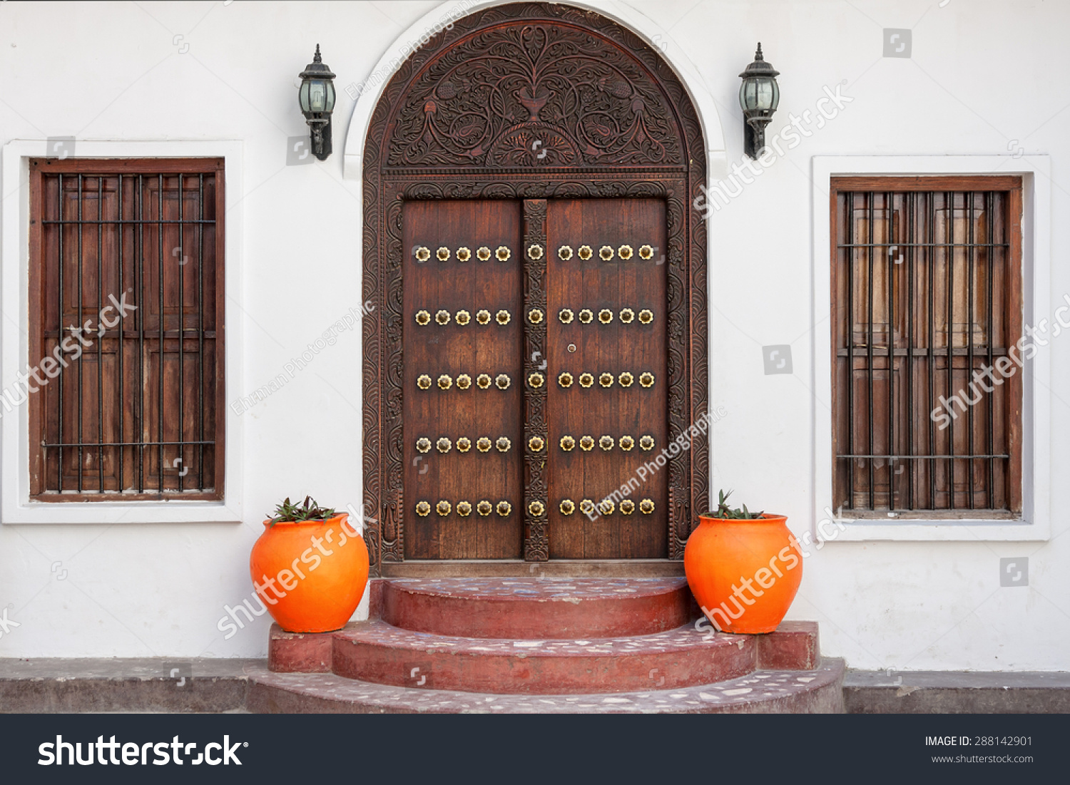 Traditional Zanzibar Wooden Door Doorway Ornately Stock Photo