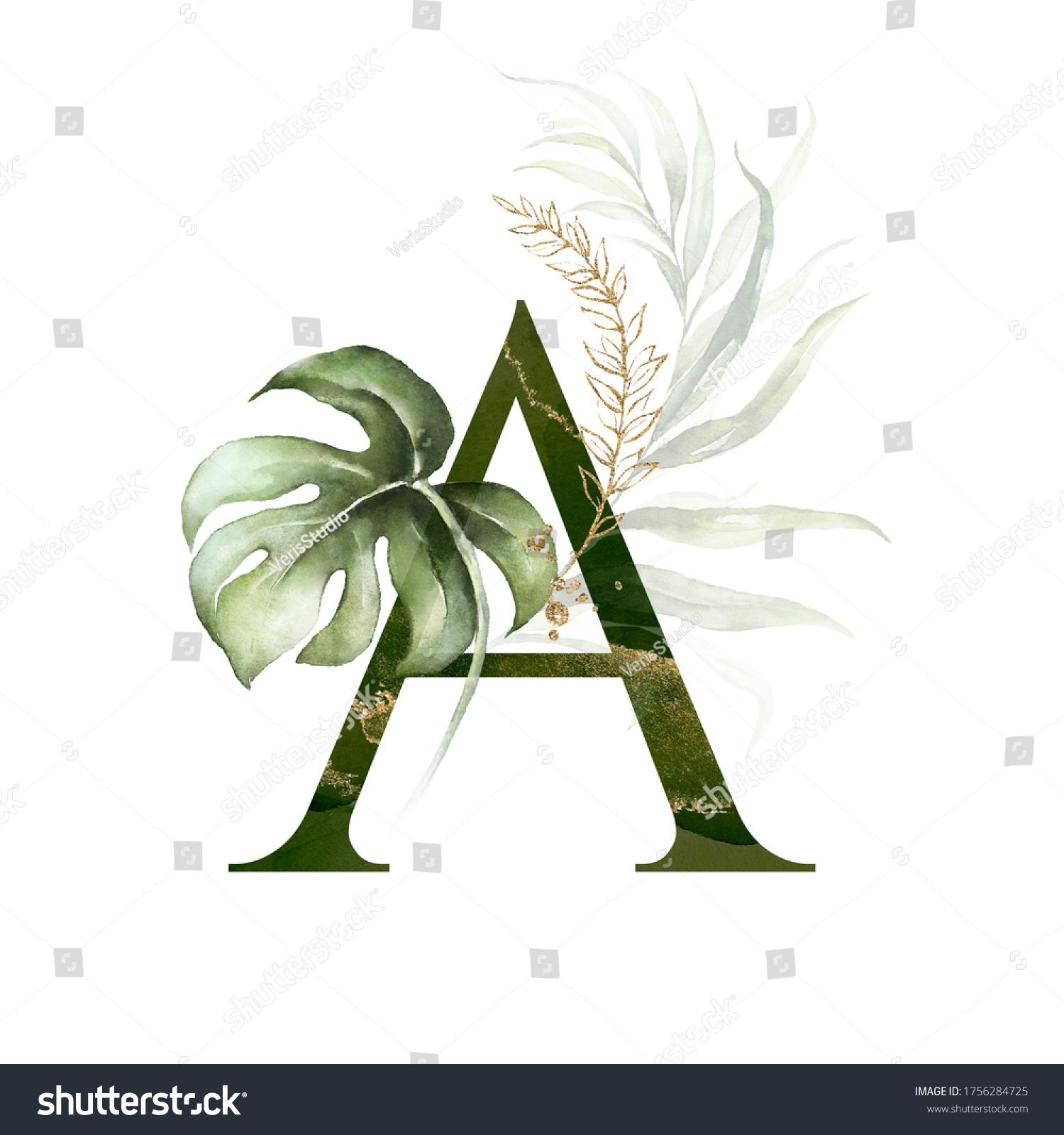 Tropical Green Gold Floral Alphabet Letter Stock Illustration 1756284725