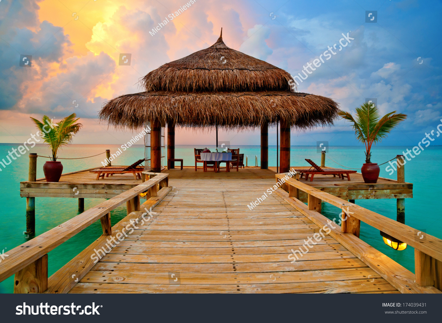 Tropical Hut On Water Sunset Romantic Stock Photo (Edit Now) 174039431