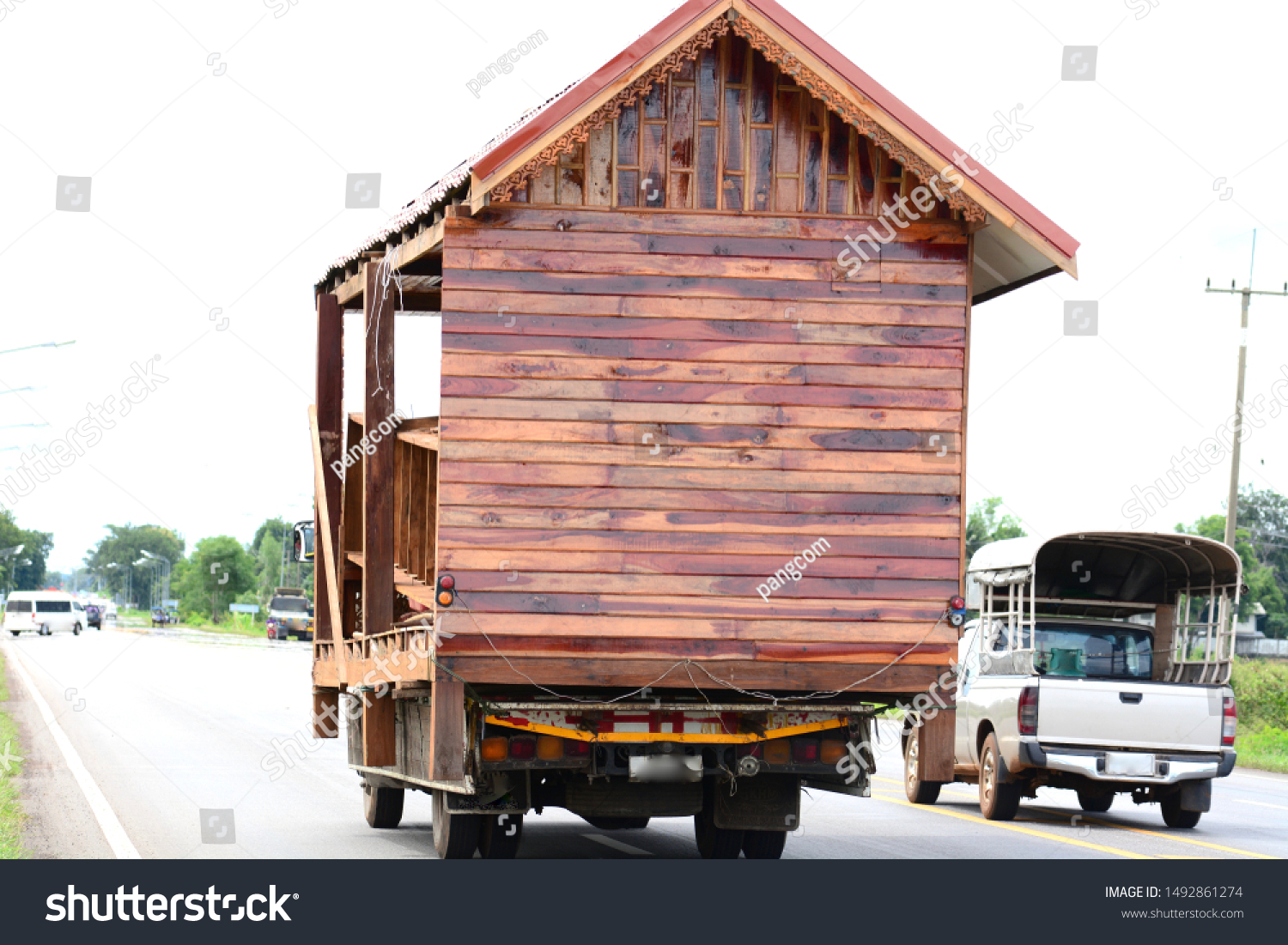 Truck Transports Wooden House On Road Stock Photo Edit Now 1492861274