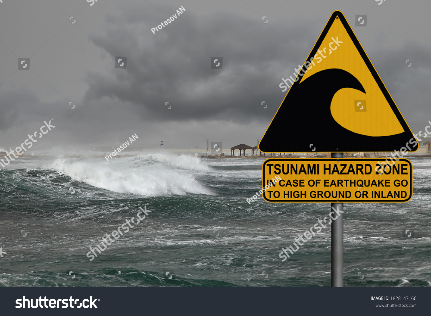 Tsunami Warning Evacuation Sign Located On Stock Photo 1828147166 ...