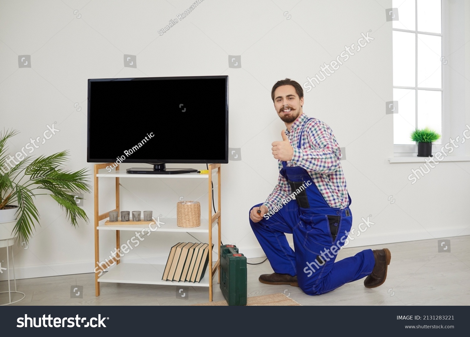 Tv Installation Connection Service Portrait Professional Stock Photo   Stock Photo Tv Installation And Connection Service Portrait Of Professional Male Technician Who Repairs 2131283221 