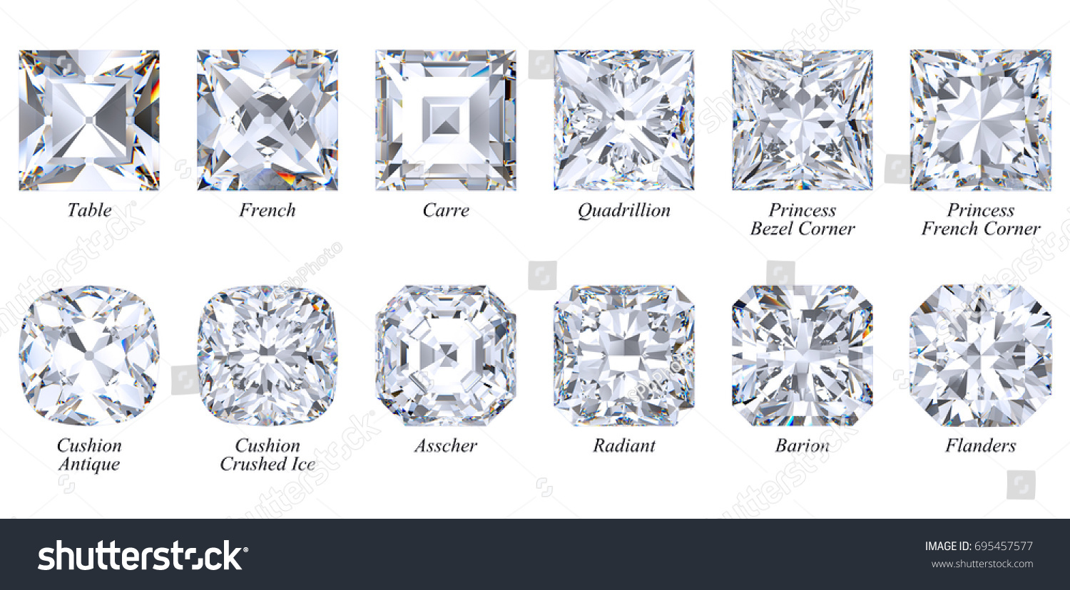 Twelve Varieties Square Shape Diamonds Princess Stockillustration