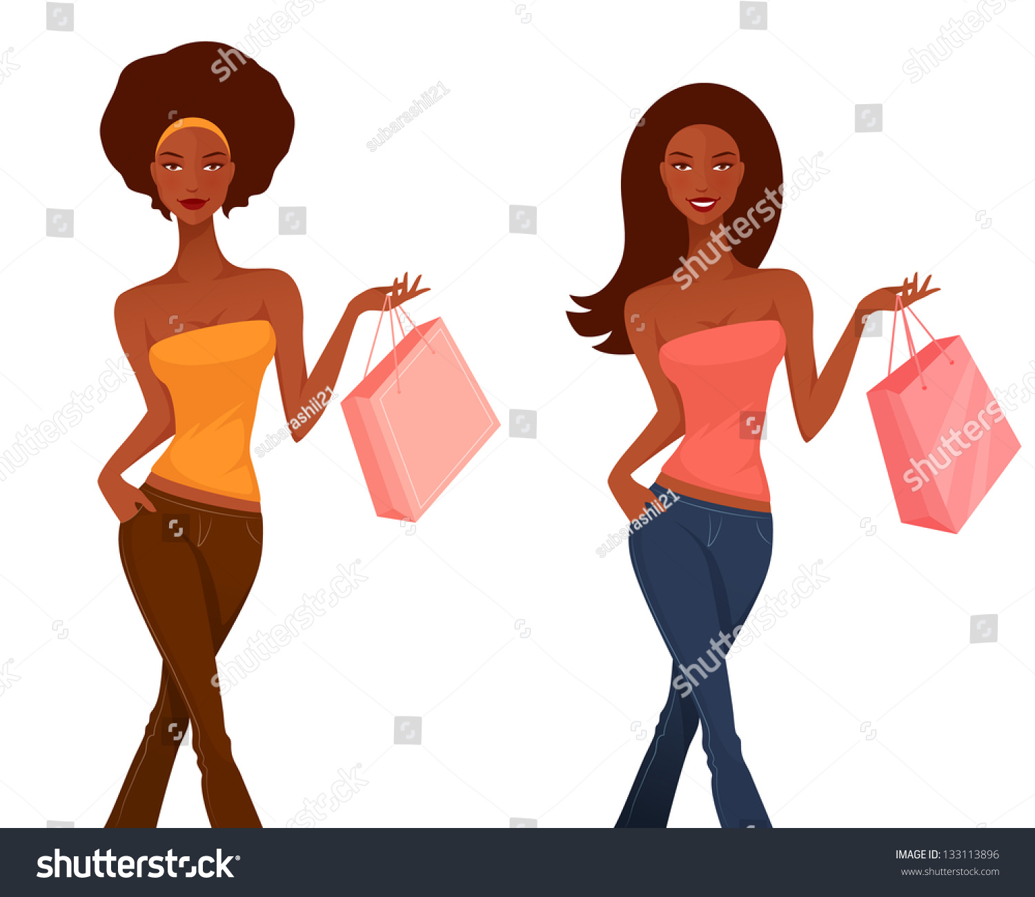 Two Beautiful Cartoon Girls On A Shopping Spree Stock Photo 133113896 ...