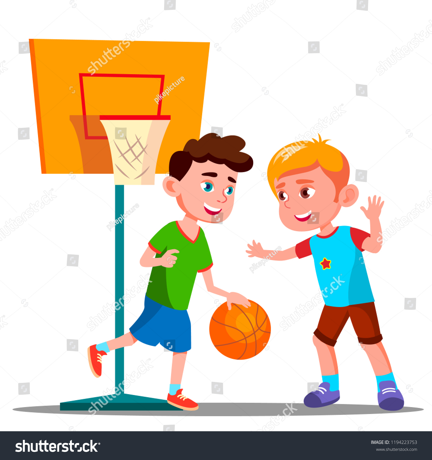Two Boys Playing Basketball On Playground Stock Illustration 1194223753