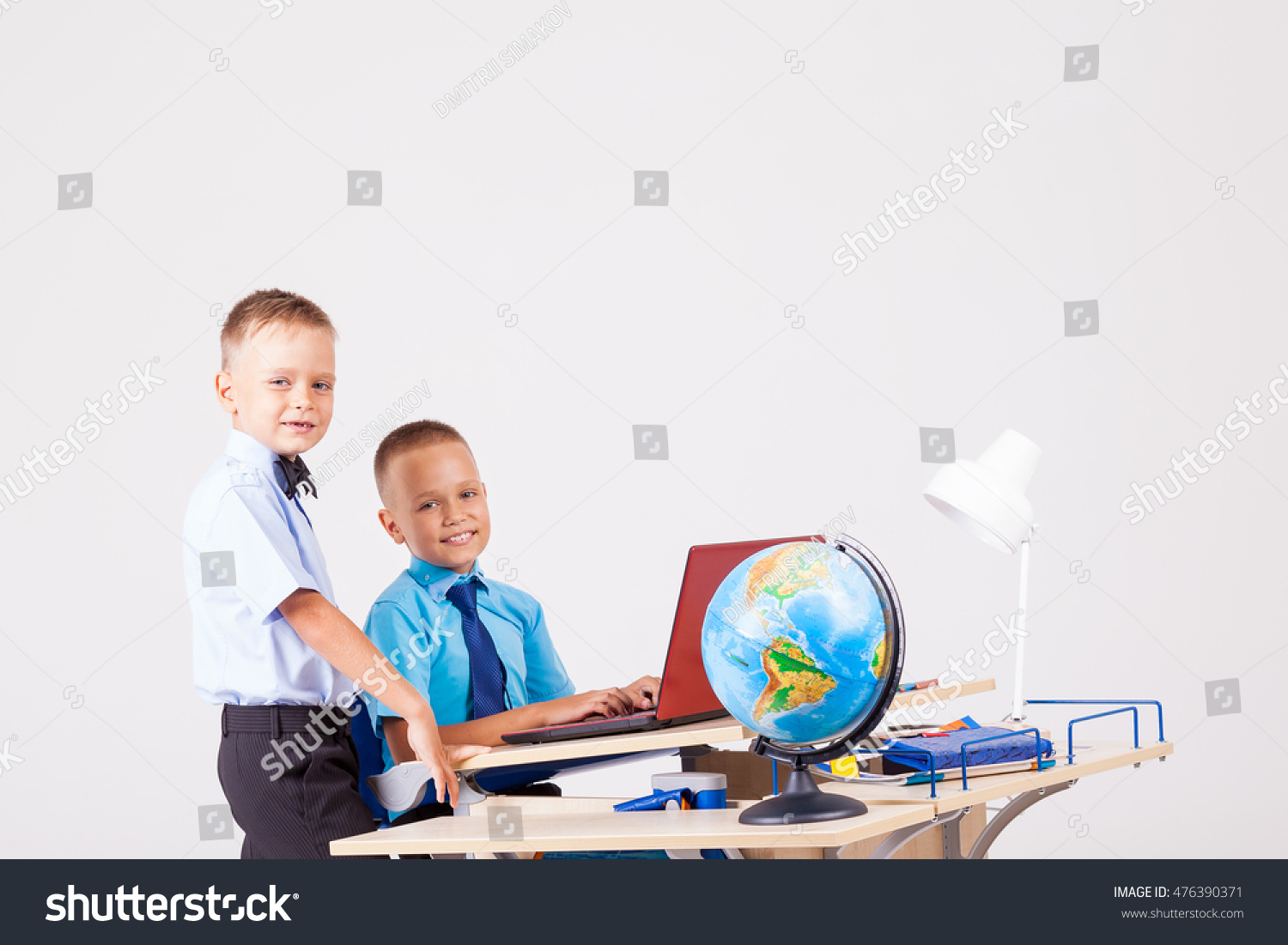 Two Boys School Computer Desk Globe Stock Photo Edit Now 476390371