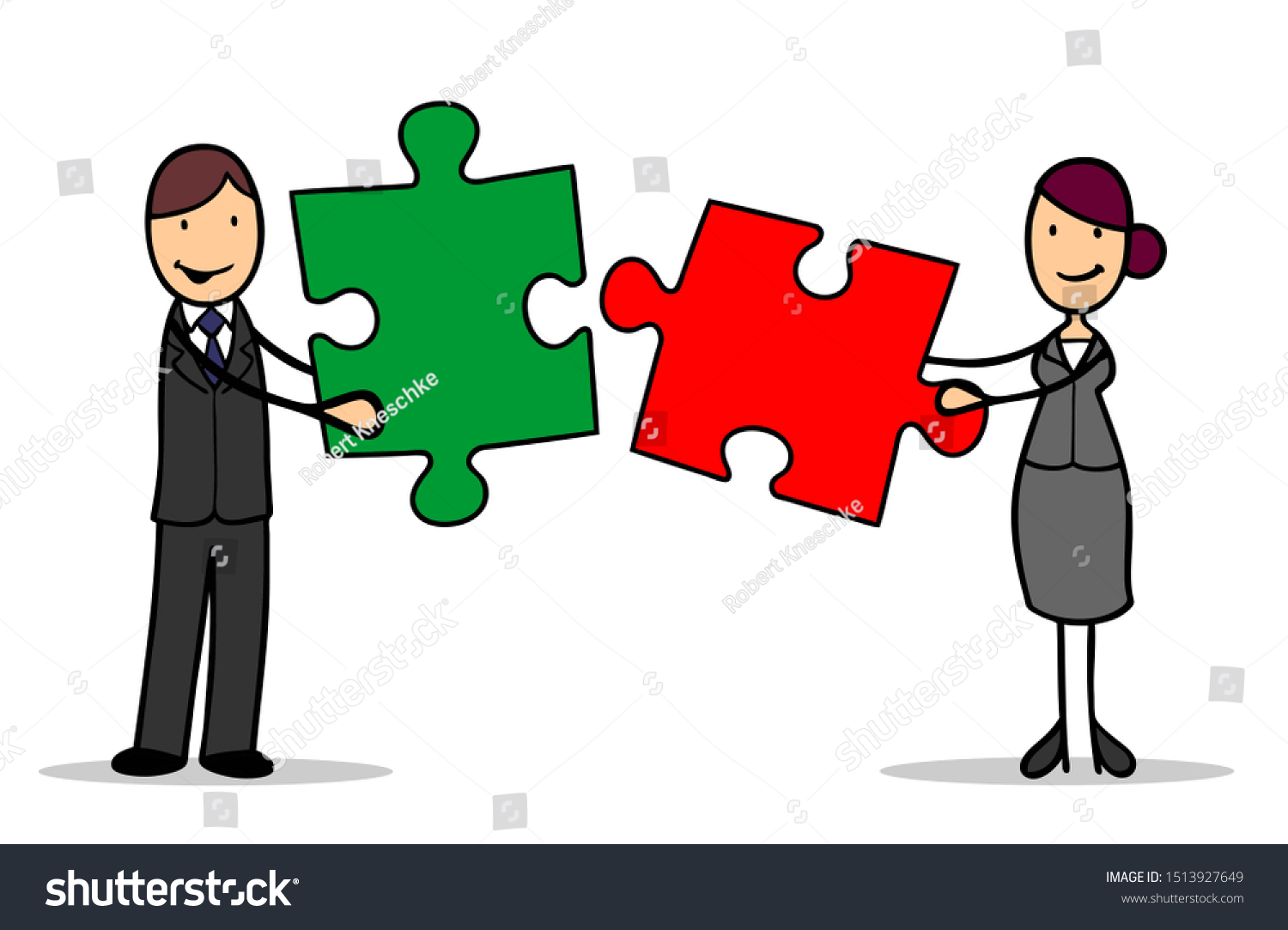 Two cartoon business people with puzzle pieces as cooperation and connection concept