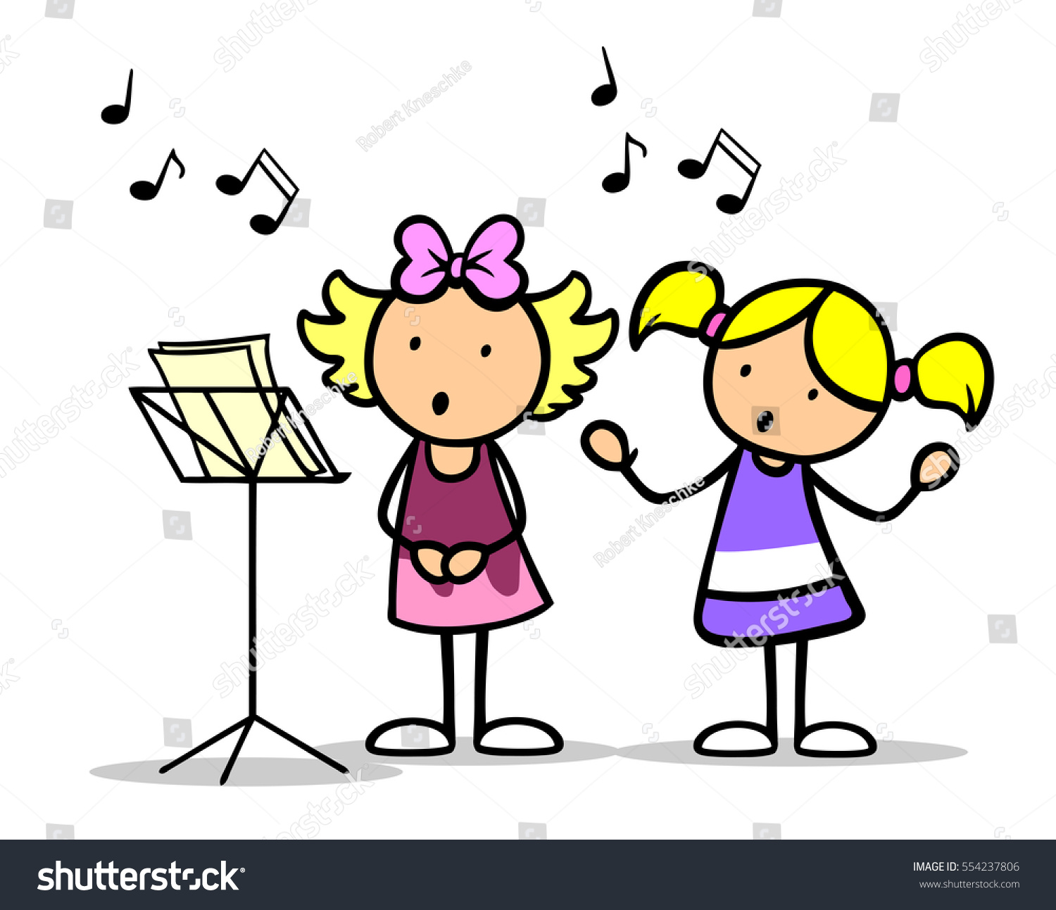 Two Cartoon Children Singing Songs Music Stock Illustration 554237806