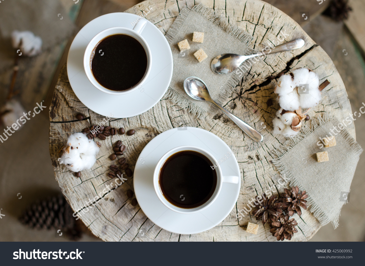 Two Cups Coffee Wooden Stump Napkins Stock Photo Edit Now 425069992