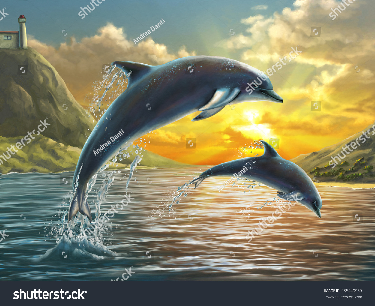 2頭のイルカが美しい夕日の上を海から飛び降りた デジタル画 のイラスト素材