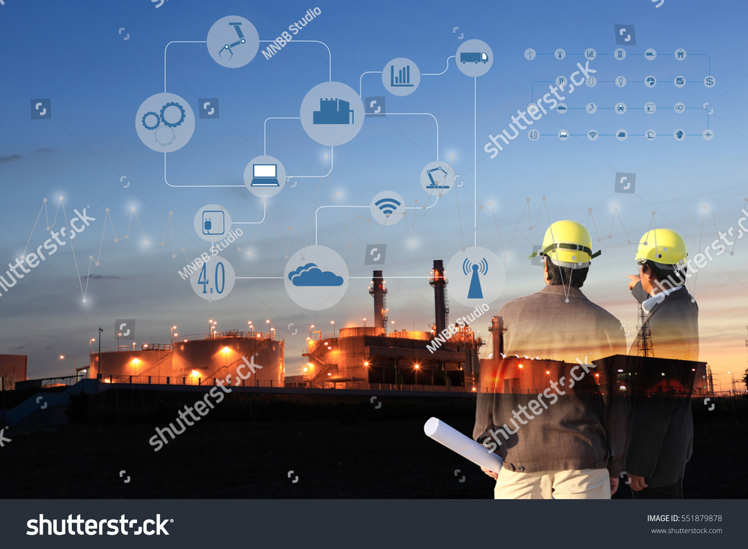 two engineer on site , Industry 4.0 concept image.Oil refinery at ...