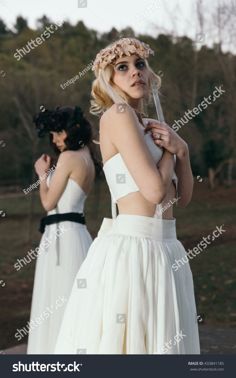 Two Girls Wedding Dresses One Bridge Stock Photo Edit Now 433841185