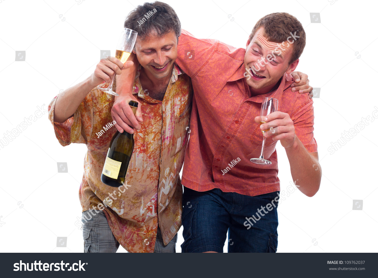 Two Happy Drunken Men With Bottle And Glass Of Alcohol, Isolated On ...