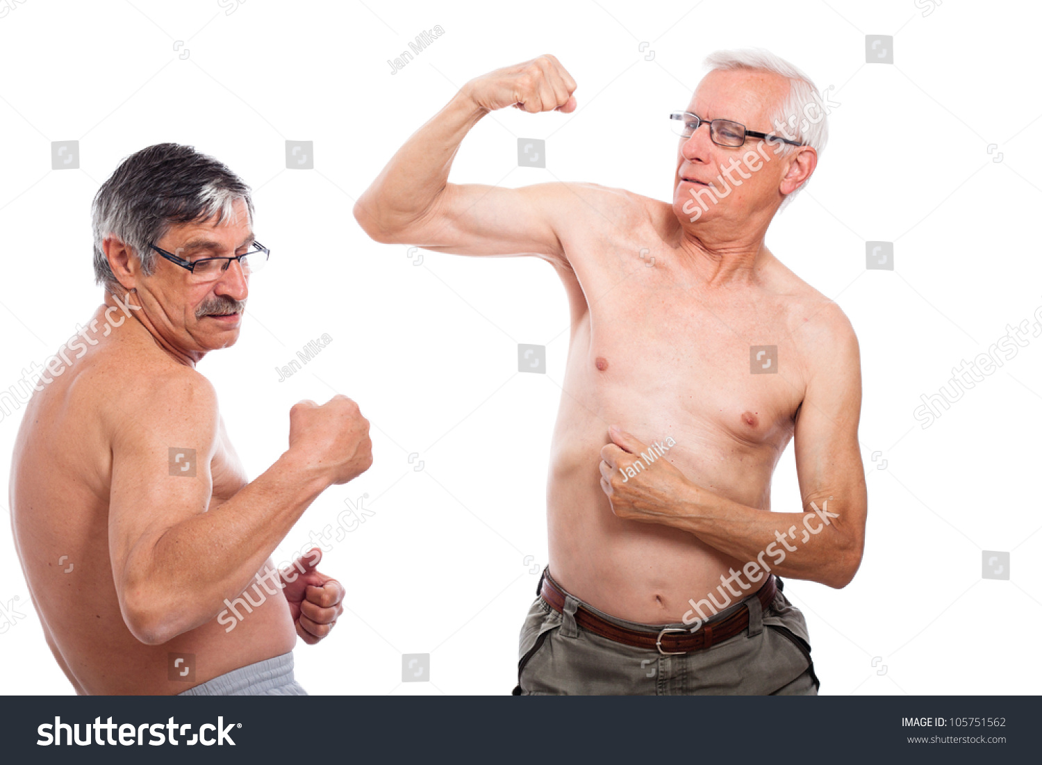 Two Happy Naked Senior Men Comparing Stock Fotografie Shutterstock