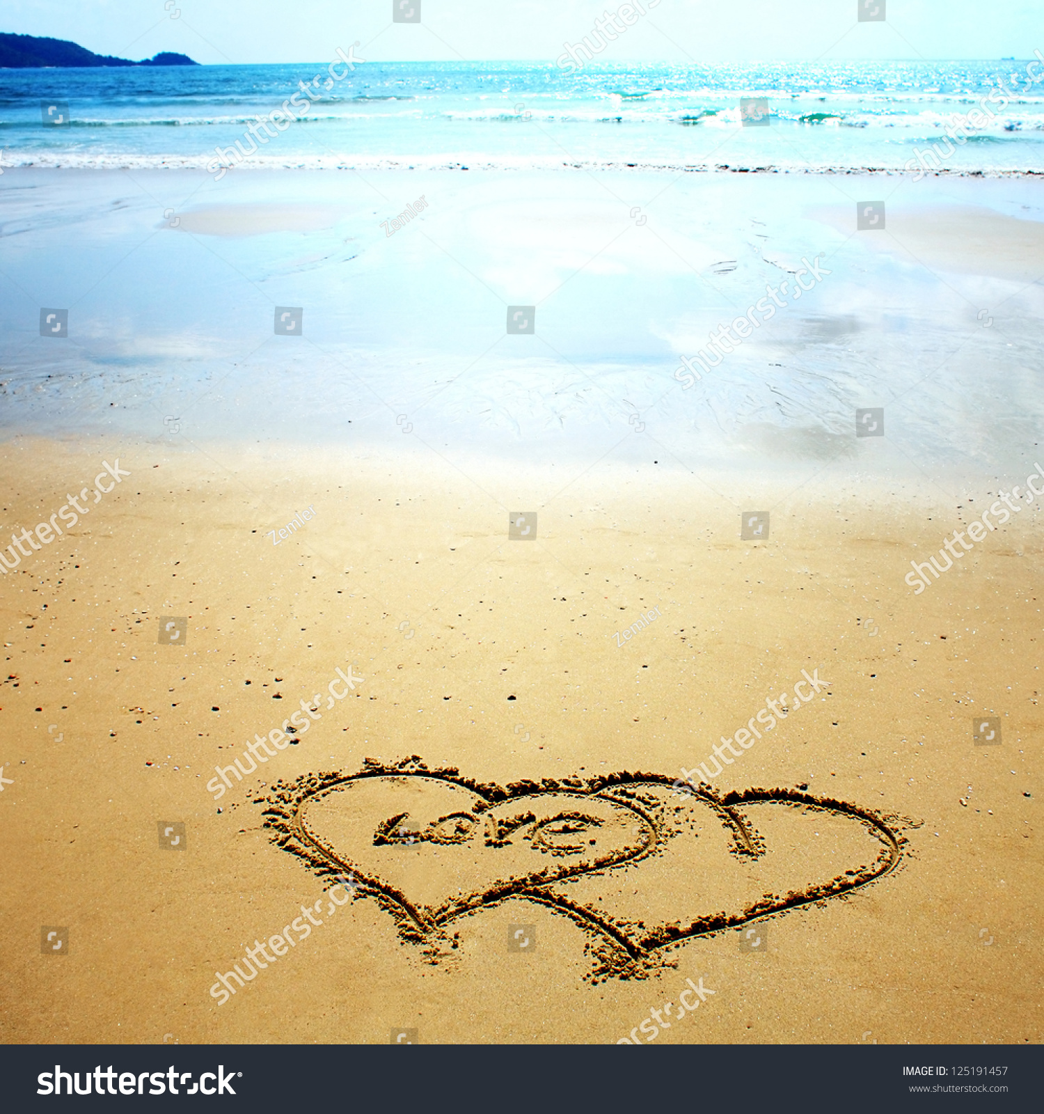 Two Hearts Drawn In The Sand On The Beach. Romantic Design Element ...