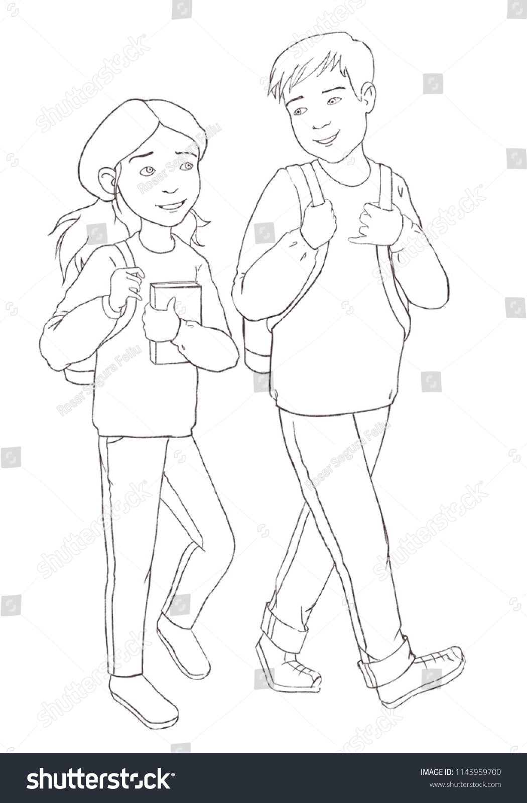 Two Kids Walking Talking Back School Stock Illustration 1145959700