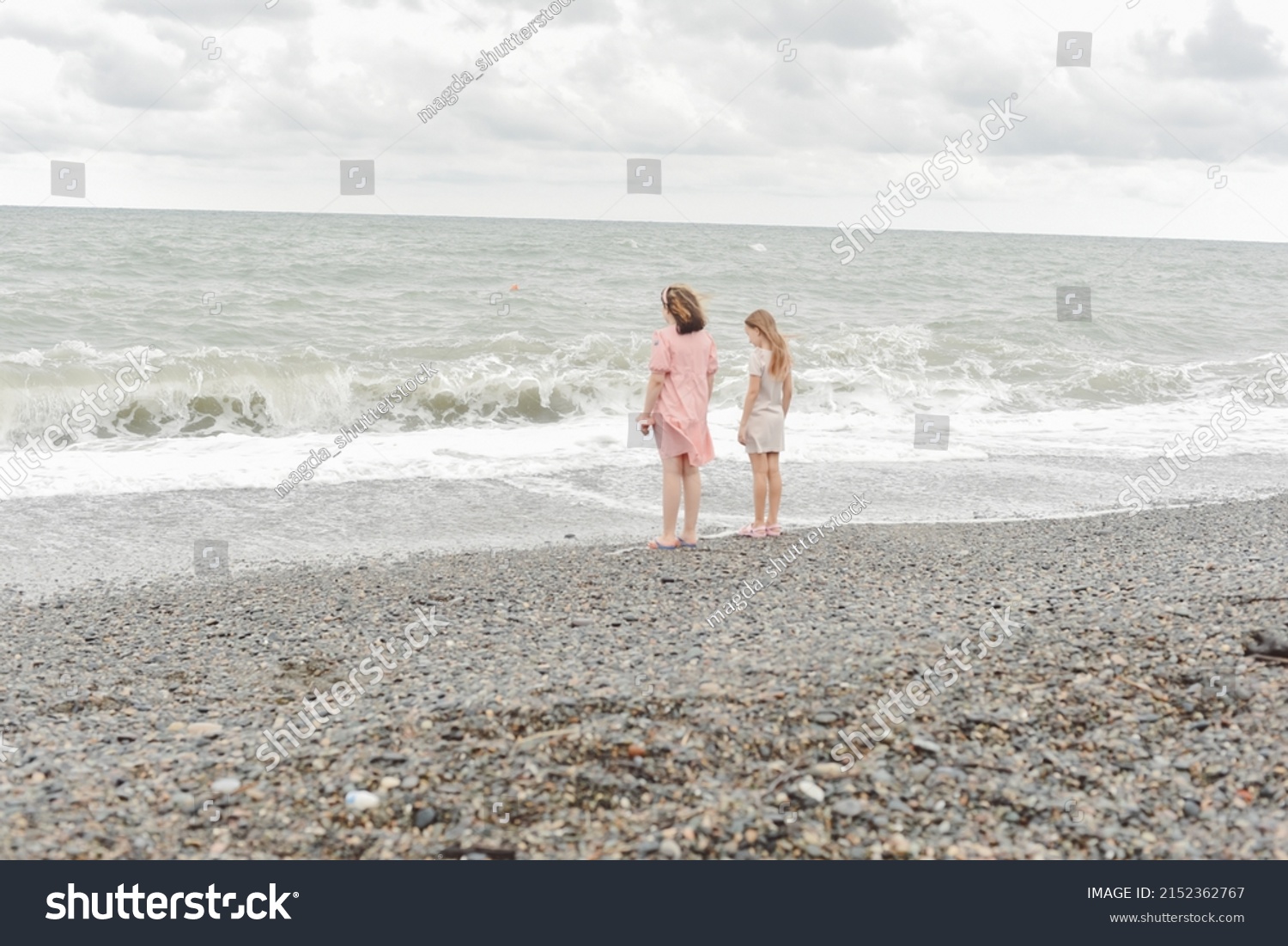 Two Little Girls Summer Dresses Standing Stock Photo 2152362767