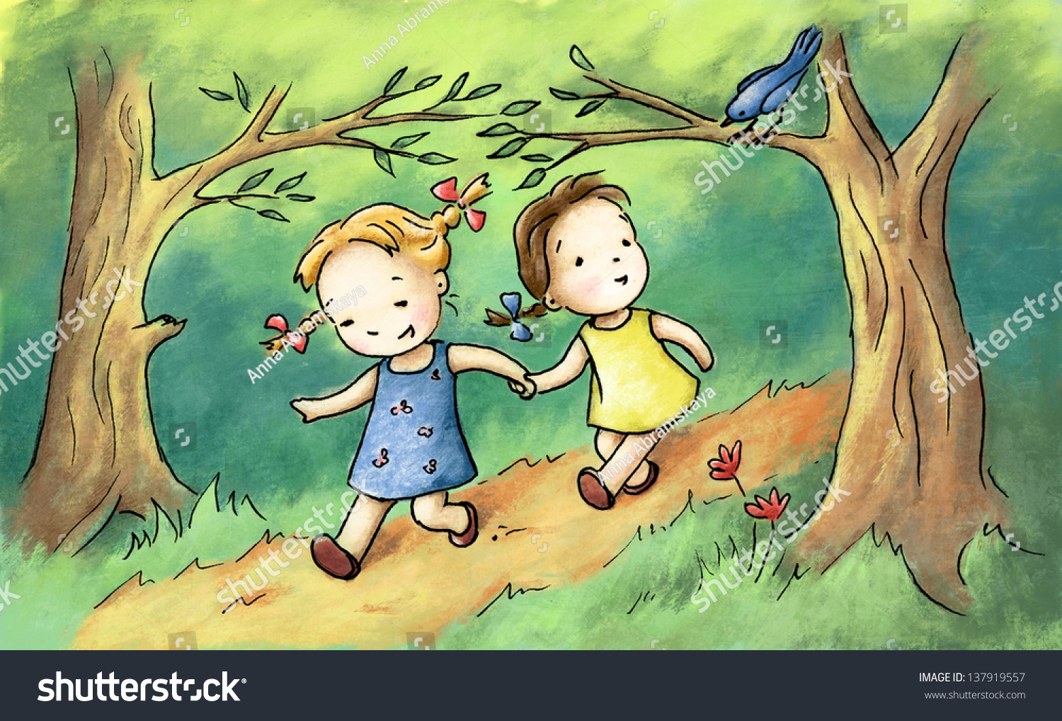 Two Little Girls Walking Wood Stock Illustration 137919557   Shutterstock