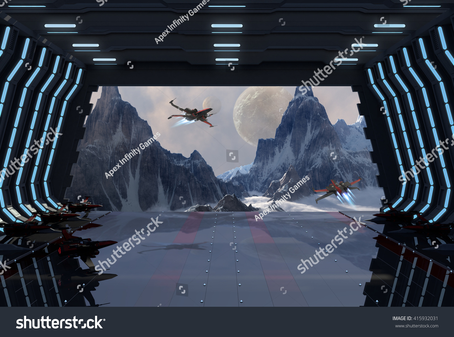 Two Peaks Space Station Interior Flying Stock Illustration