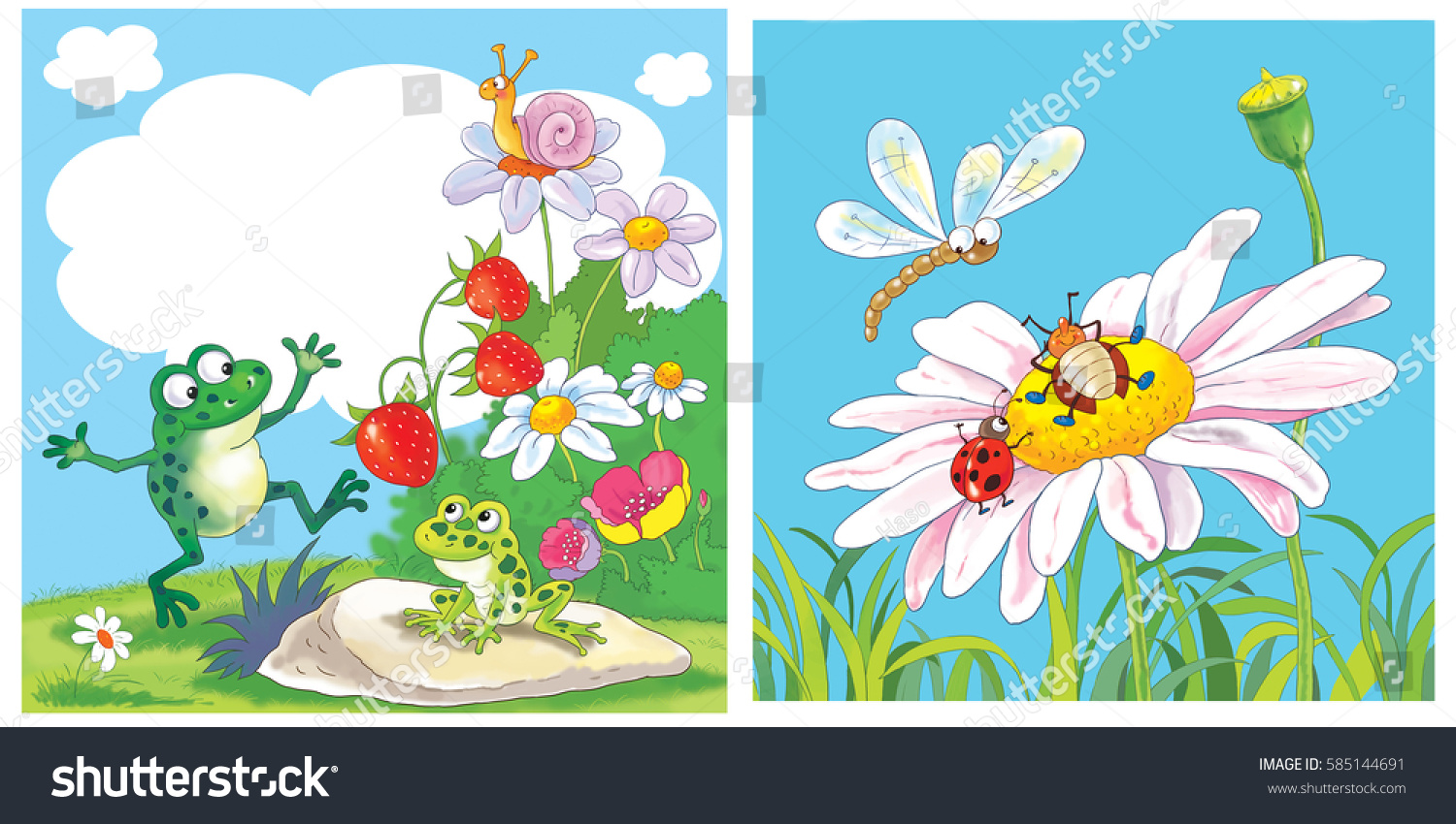 Two Pictures Cute Frog Snail Beetledragonfly Stock Illustration ...