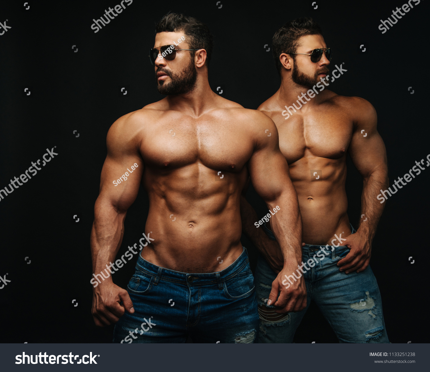 Two Shirtless Hunks Black Background Stockfoto Nu Bewerken 1133251238