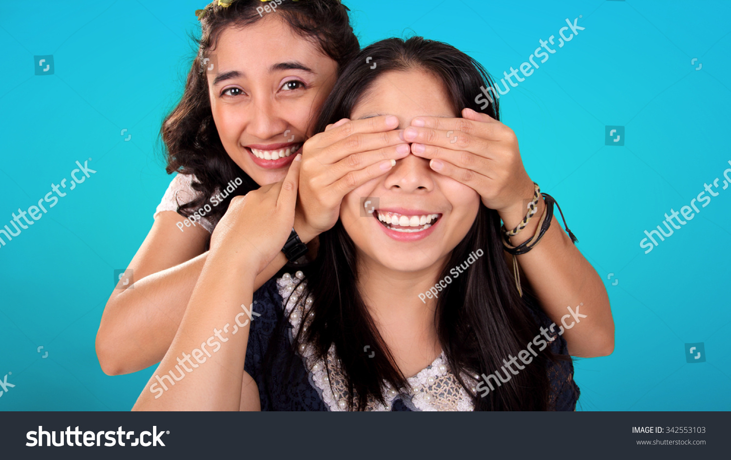 Two Smiling Asian Female Friends Play Stock Photo Now) 342553103