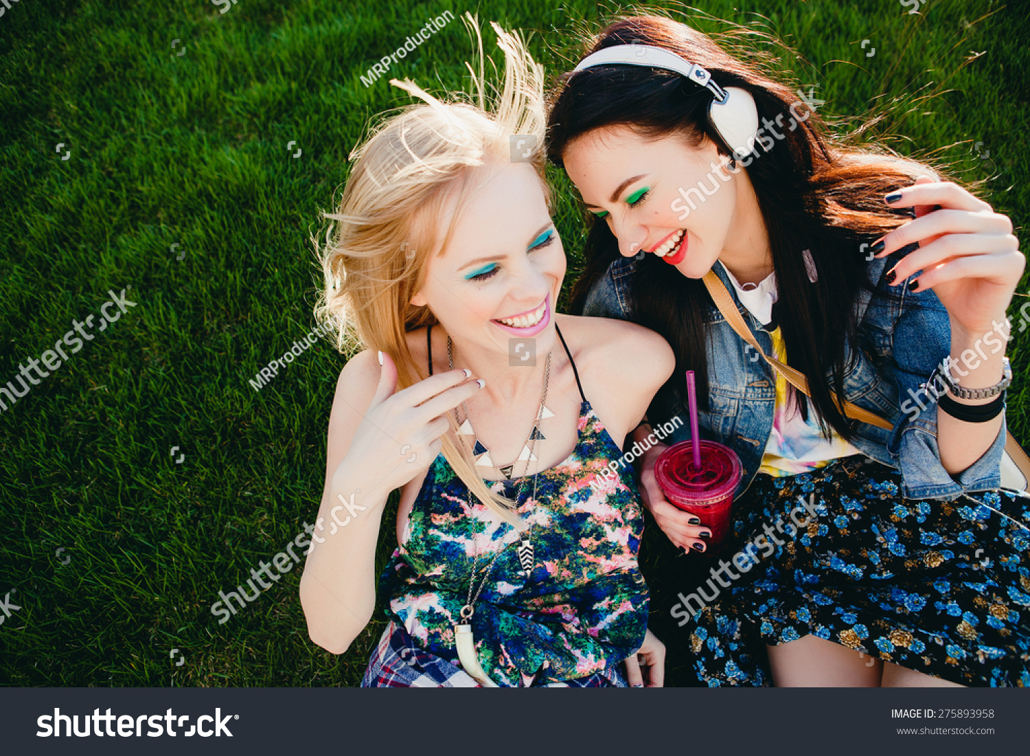 Two Young Beautiful Happy Stylish Hipster Girls, Friends Together ...