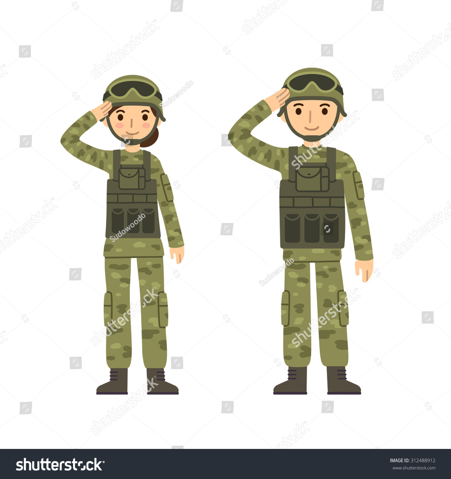 男と女の2人の若い兵士が 迷彩服を着た戦闘服の敬礼をしている かわいい平らな漫画 白い背景に のイラスト素材