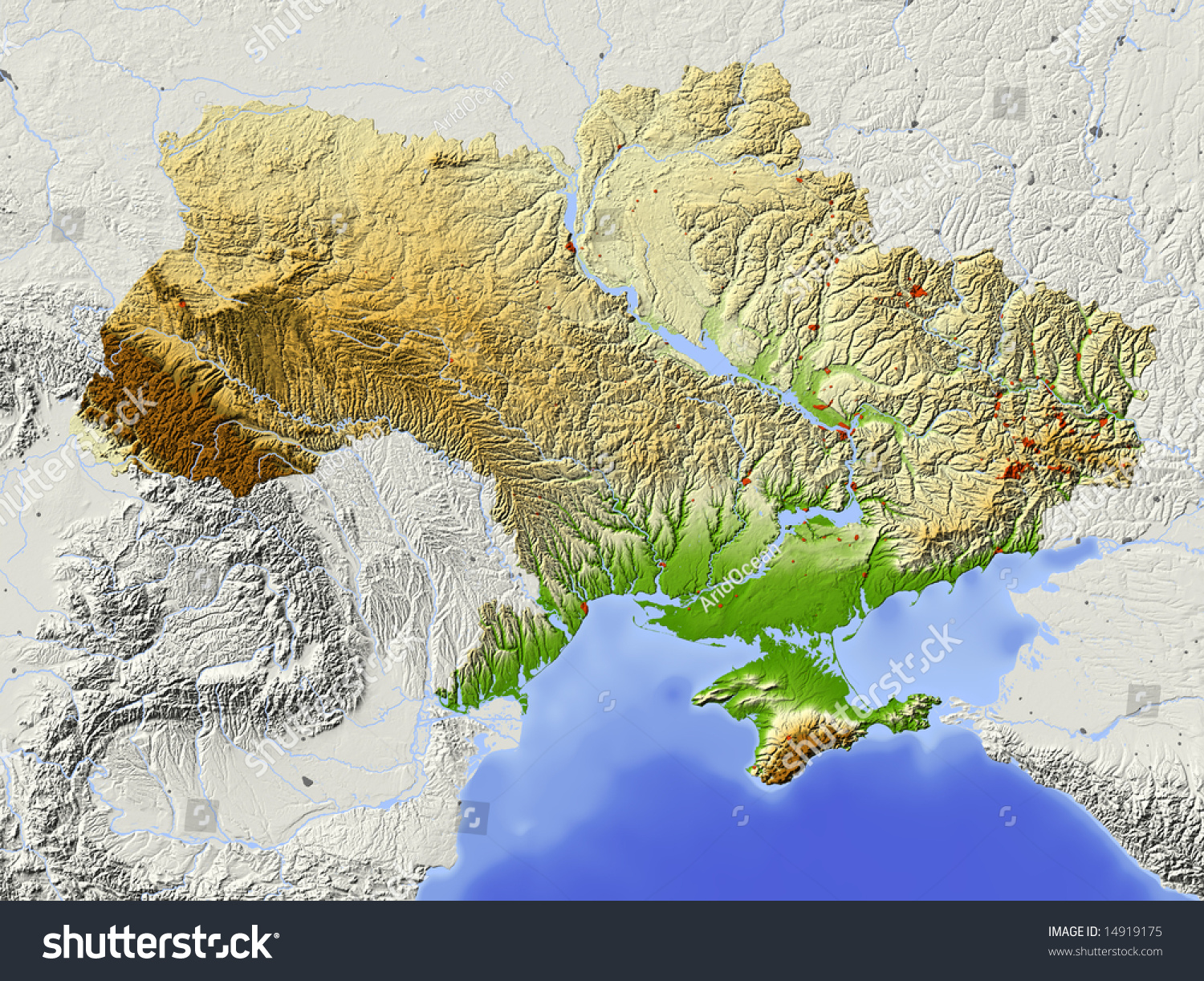 Ukraine. Shaded Relief Map With Major Urban Areas. Surrounding ...