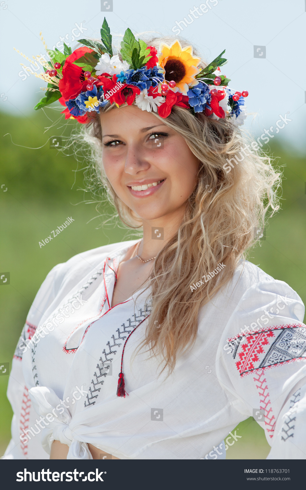 Ukrainian Girl In Field. Portrait Of Attractive Blond Woman In ...