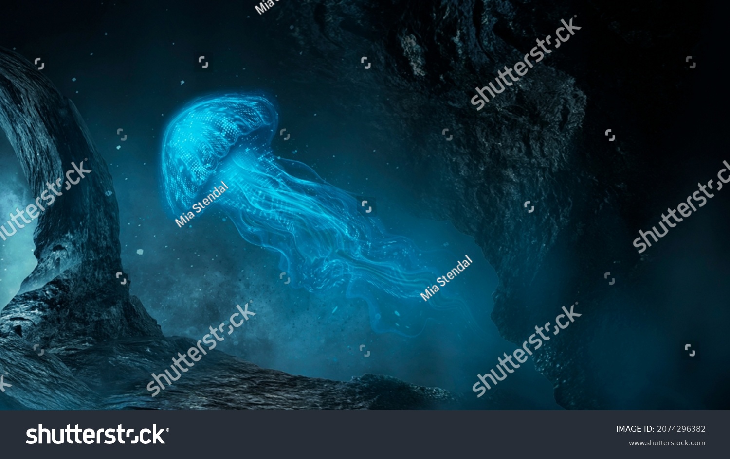 Underwater Fantasy World Dark Bottom Ocean Stock Illustration 2074296382