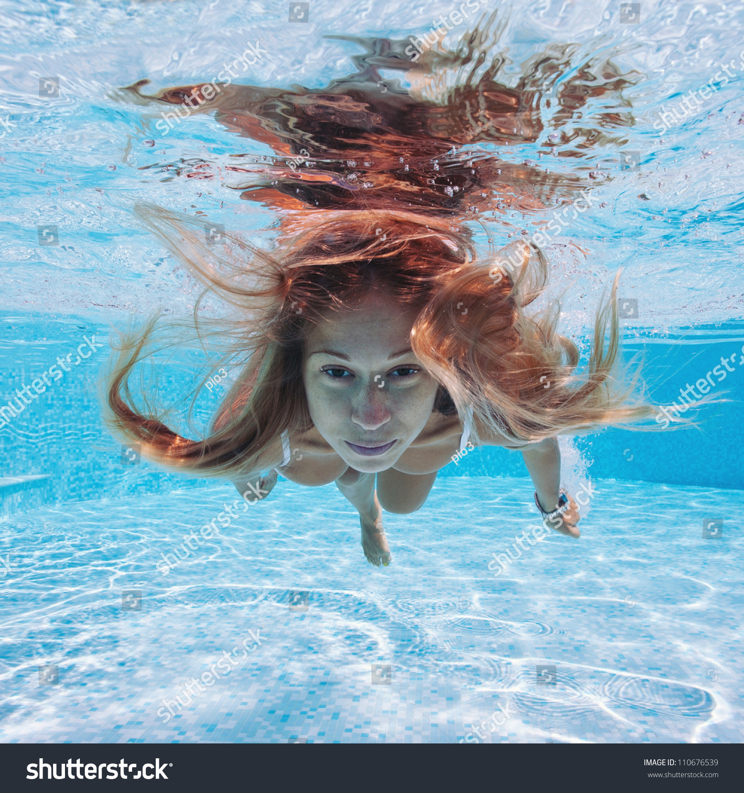 Underwater Woman Close Portrait Swimming Pool Sto