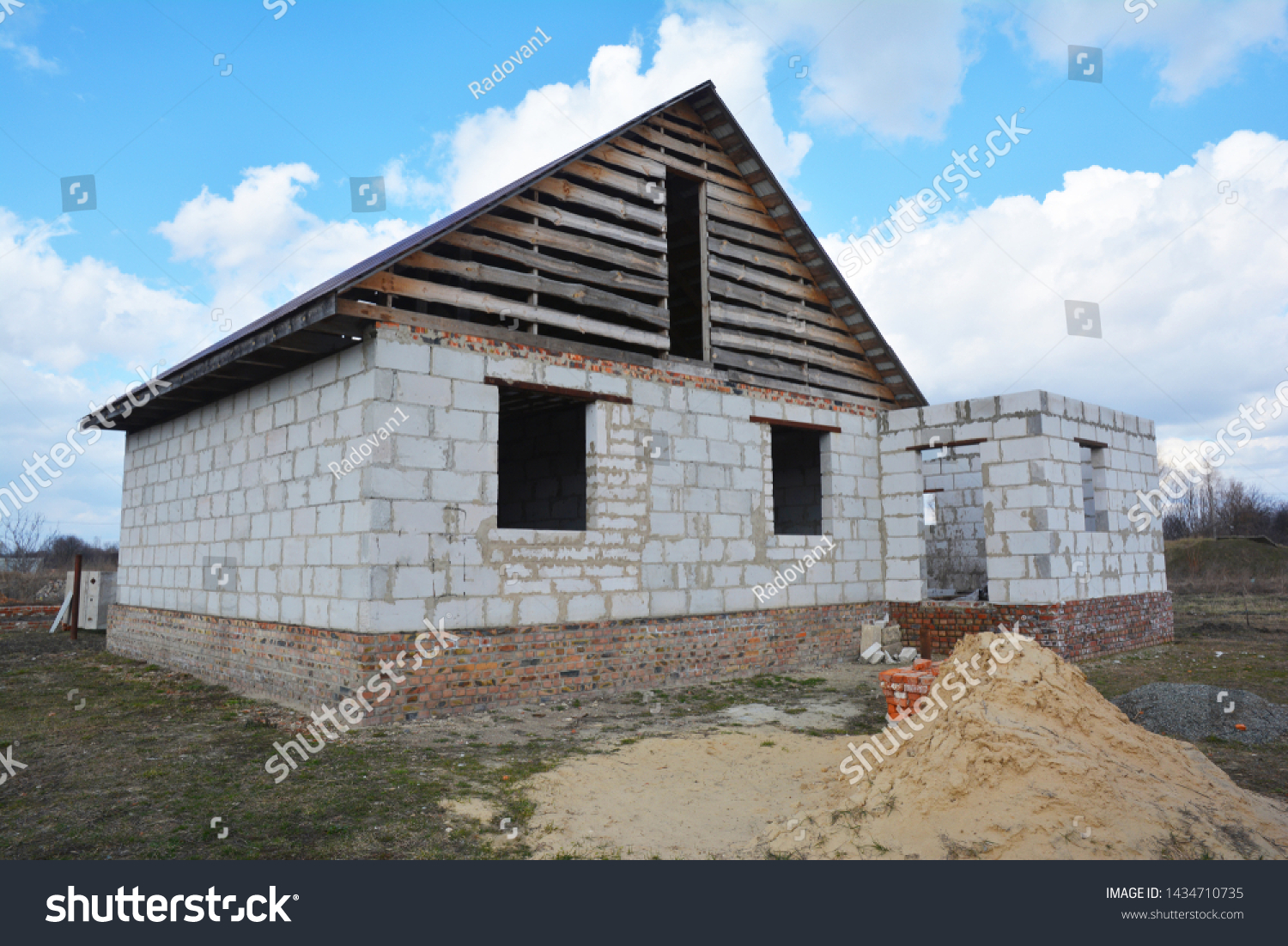 Unfinished House Autoclaved Aerated Concrete Blocks Stock Photo 