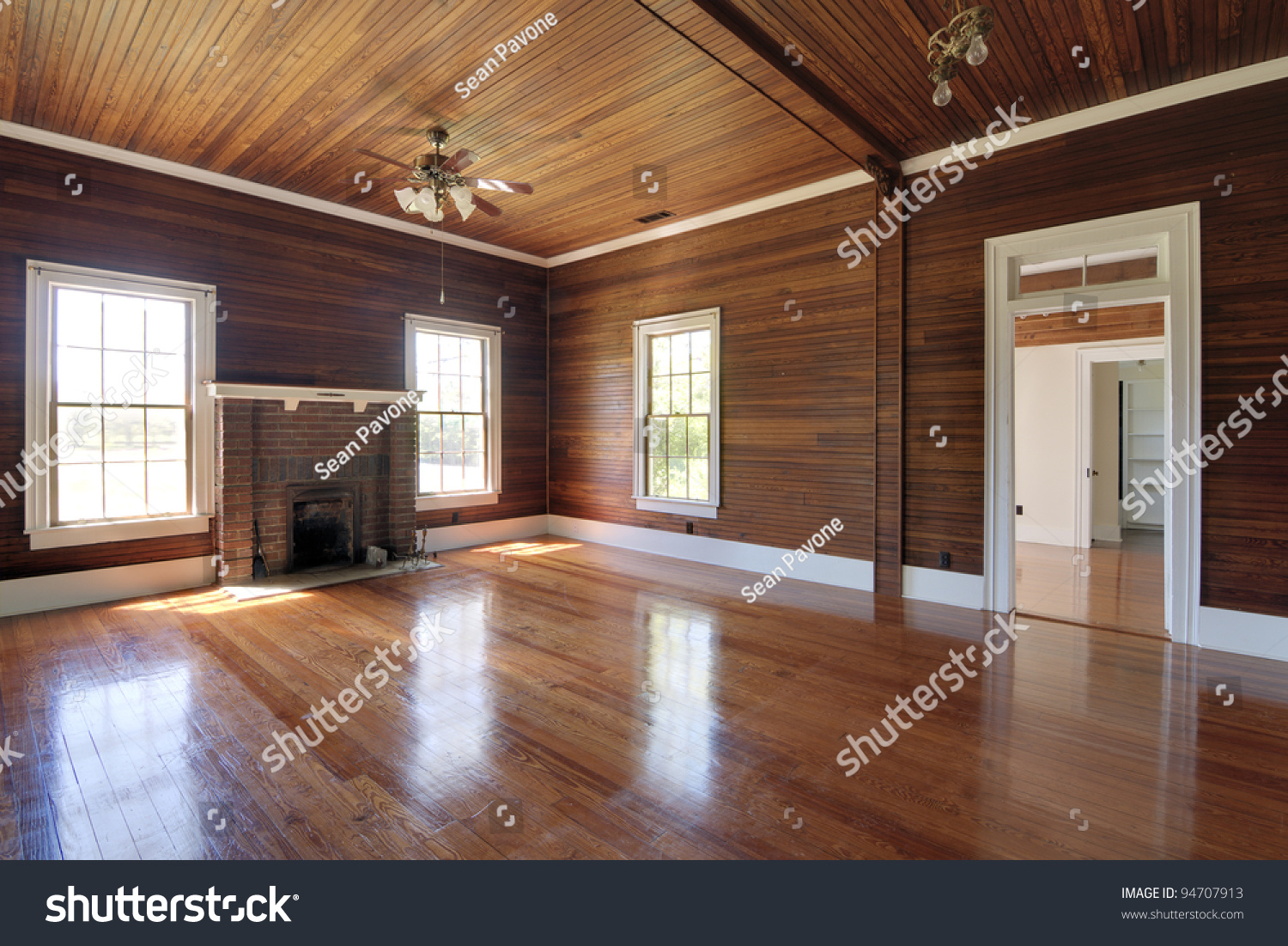 Unfurnished Living Room Wood Paneling Stock Photo 94707913