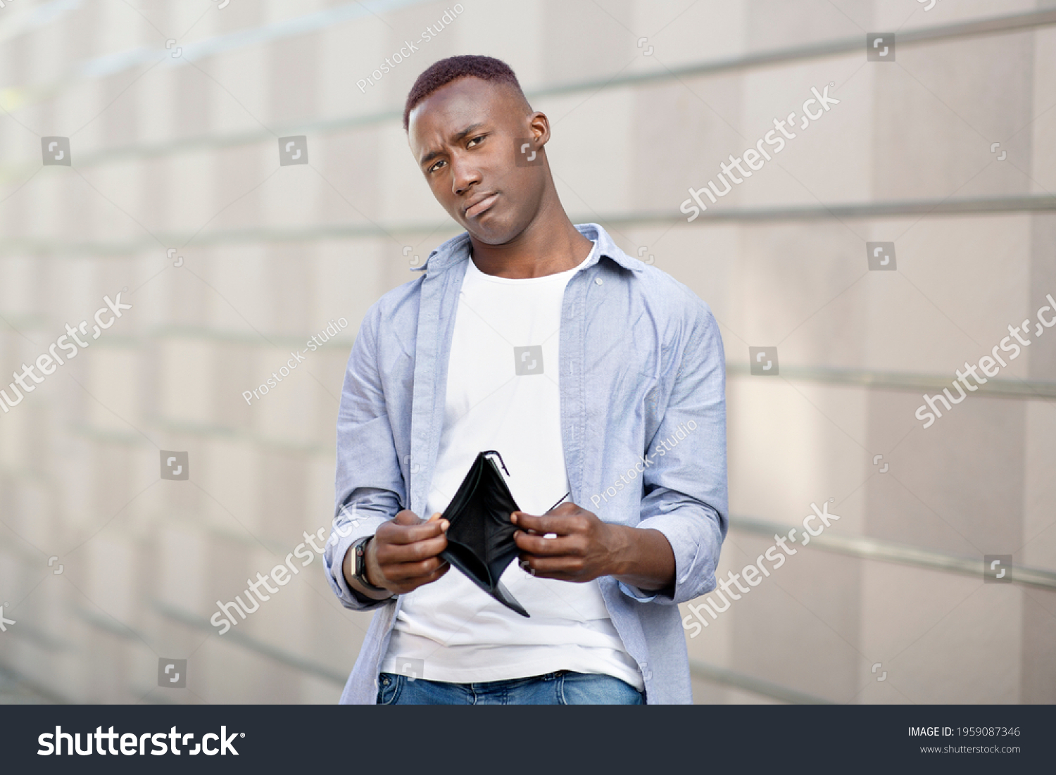 Unhappy Black Man Showing His Empty Stock Photo 1959087346 