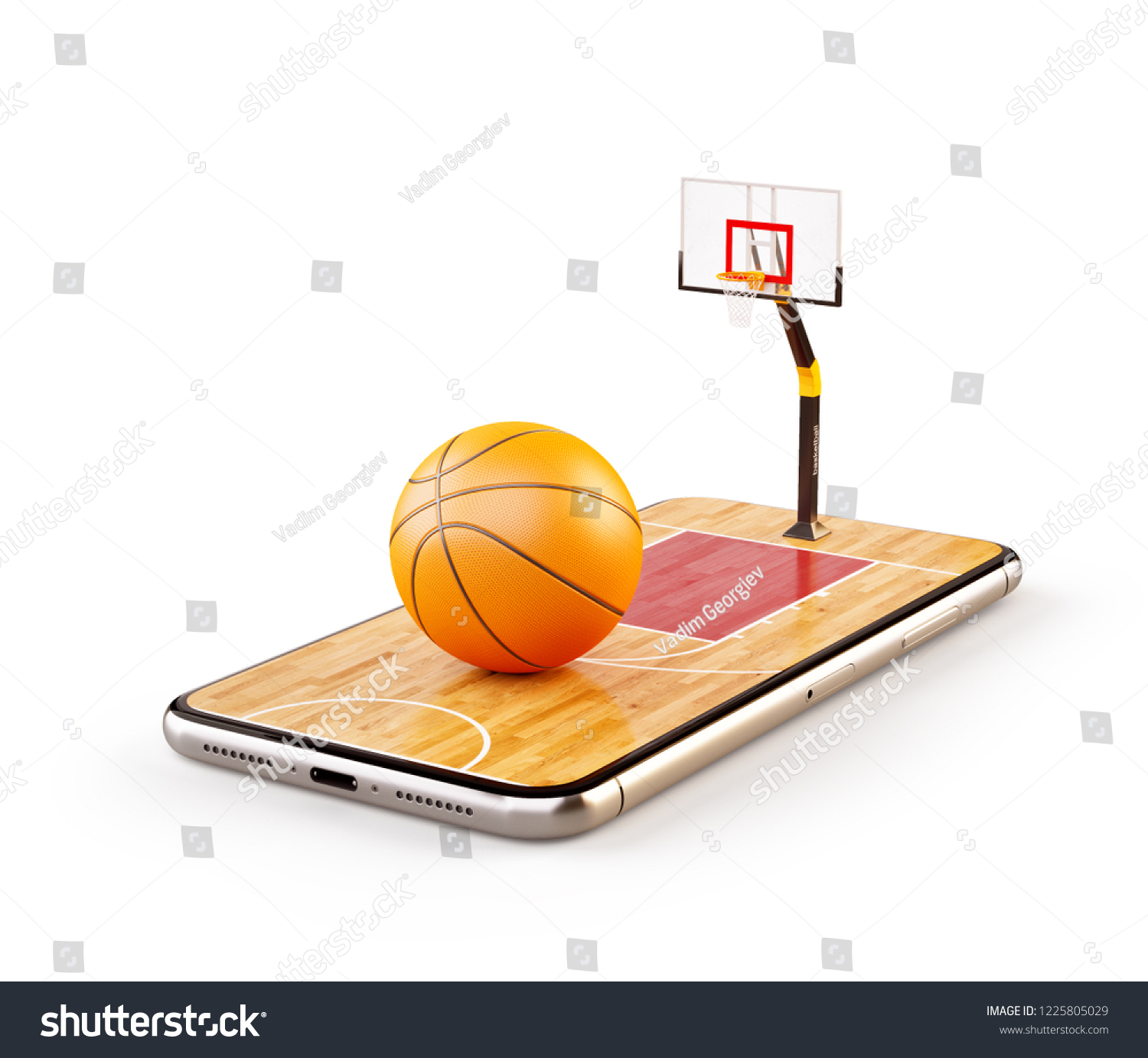 スマートフォンのスクリーン上のコートでのバスケットボールの珍しい3dイラスト バスケットボールを見たり オンラインで賭けたりするコンセプト 分離型 の イラスト素材