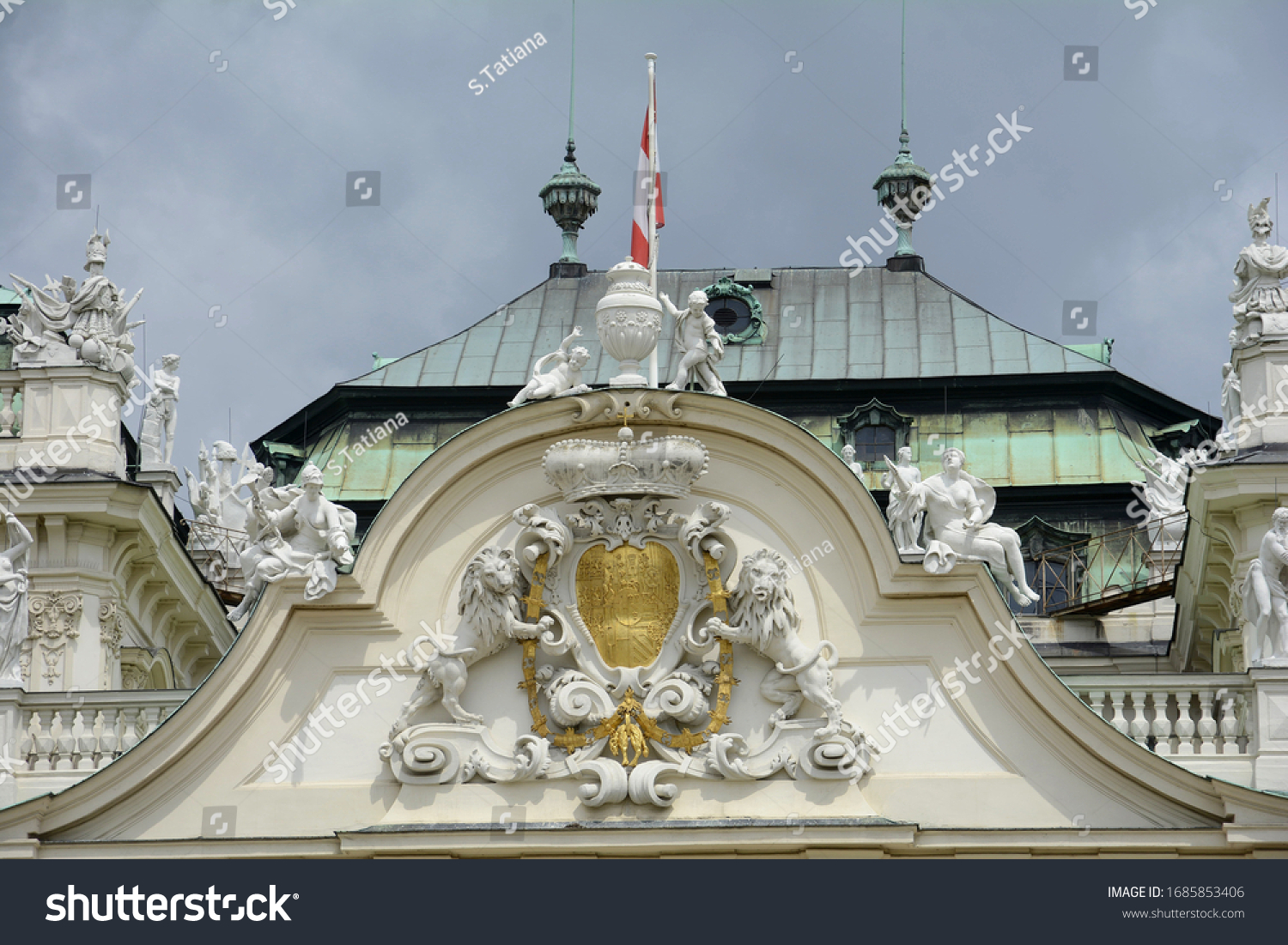 Upper Belvedere Palace and park. Vienna. Austria. Representative residence of Prince Eugene of Savoy. Baroque palace complex. Alpine garden. Trees, hedges, sculptures, fountains and cascad