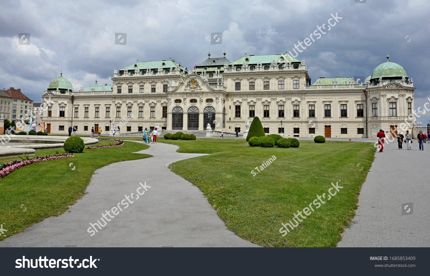 Upper Belvedere Palace and park. Vienna. Austria. Representative residence of Prince Eugene of Savoy. Baroque palace complex. Alpine garden. Trees, hedges, sculptures, fountains and cascad