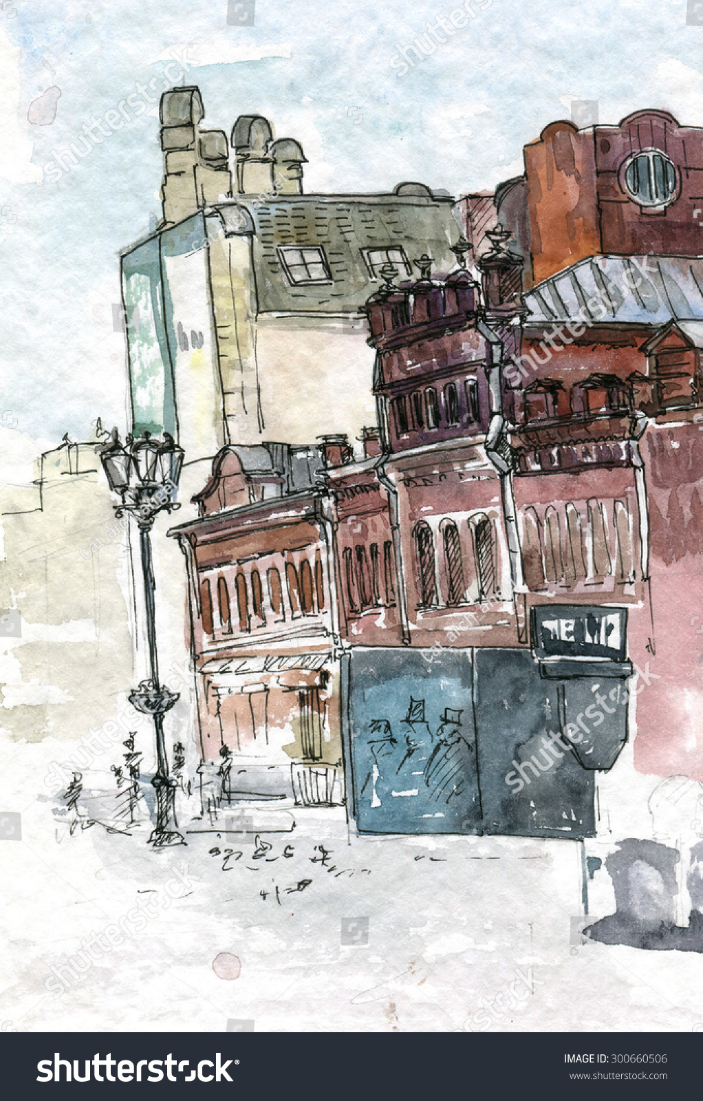 Urban Watercolor Sketch, Old Red Brick City Buildings, Color Hand Drawn ...