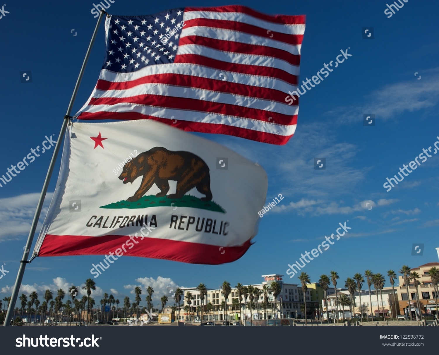 Paw Enforcement [BEARS WIN] - Page 40 Stock-photo-us-and-california-state-flag-fluttering-on-huntington-beach-california-122538772