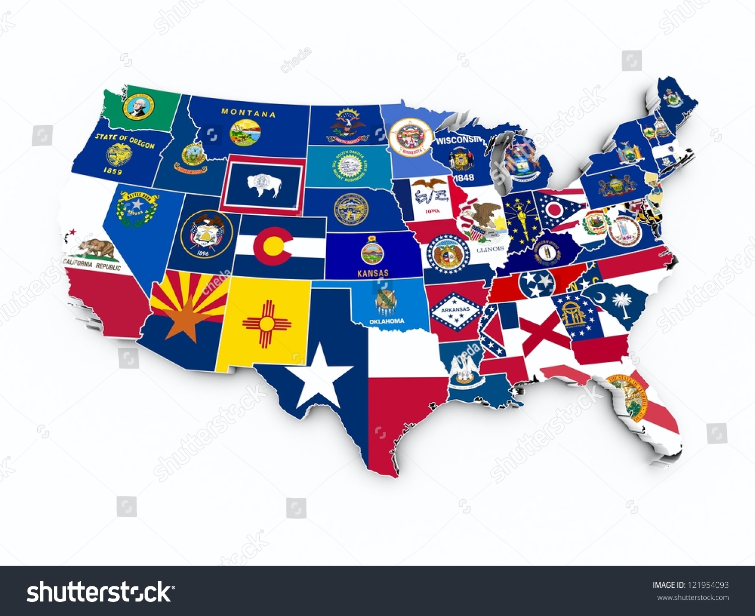 Usa State Flags On 3d Map Stock Photo 121954093 : Shutterstock