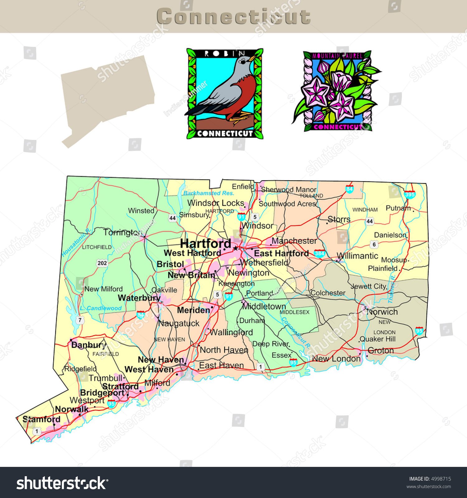 Stock Photo Usa States Series Connecticut Political Map With Counties Roads State S Contour Bird And Flower 4998715 
