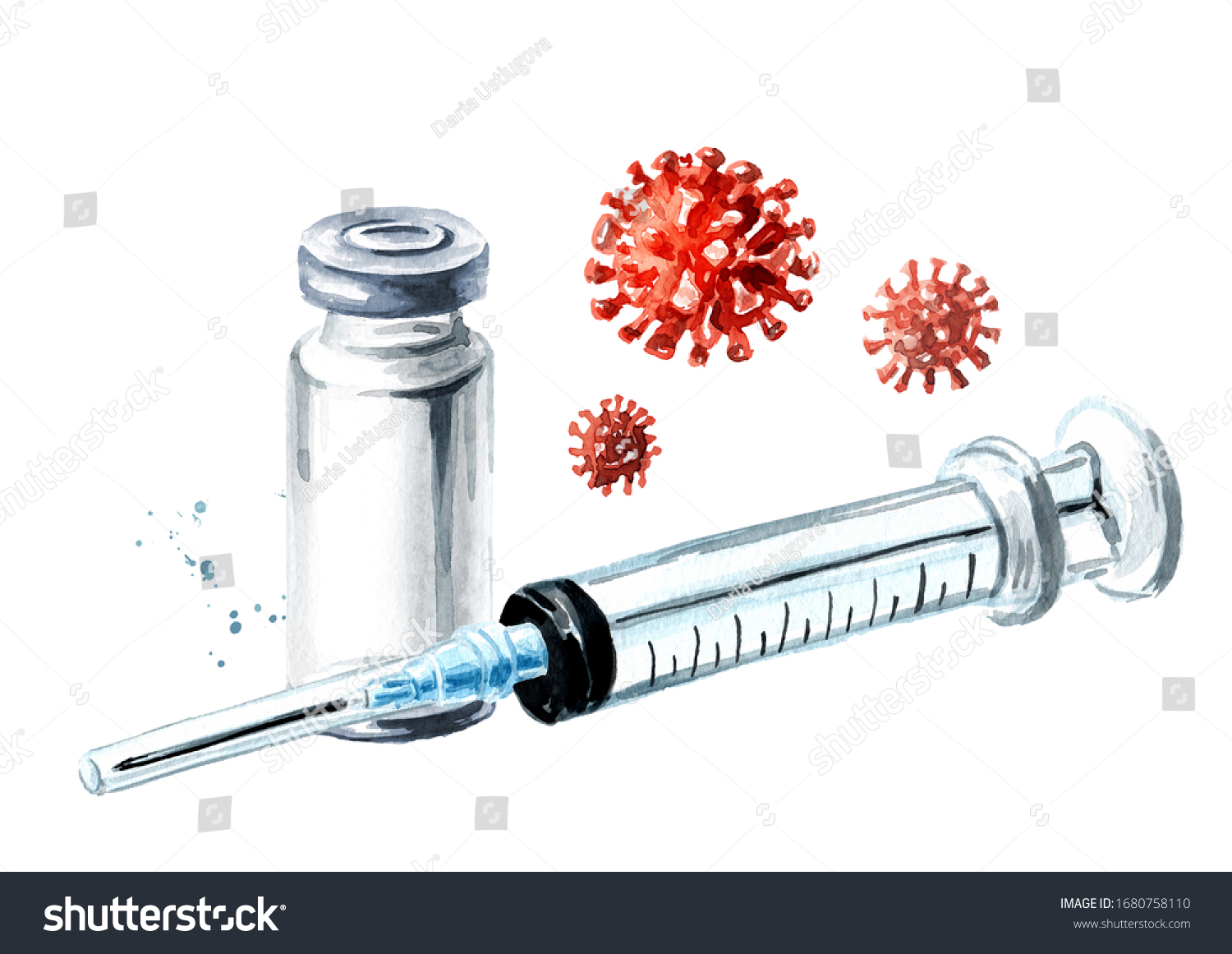 Vaccine and syringe injection set. Prevention, immunization and treatment from coronavirus infection. Epidemic and pandemic concept. Hand drawn watercolor illustration isolated on white background