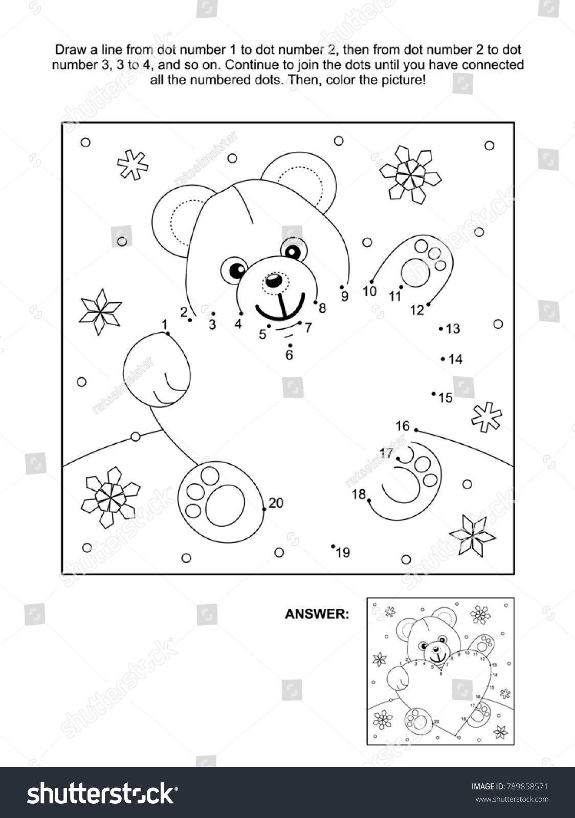 Valentine s Day themed connect the dots picture puzzle and coloring page with teddy bear and heart